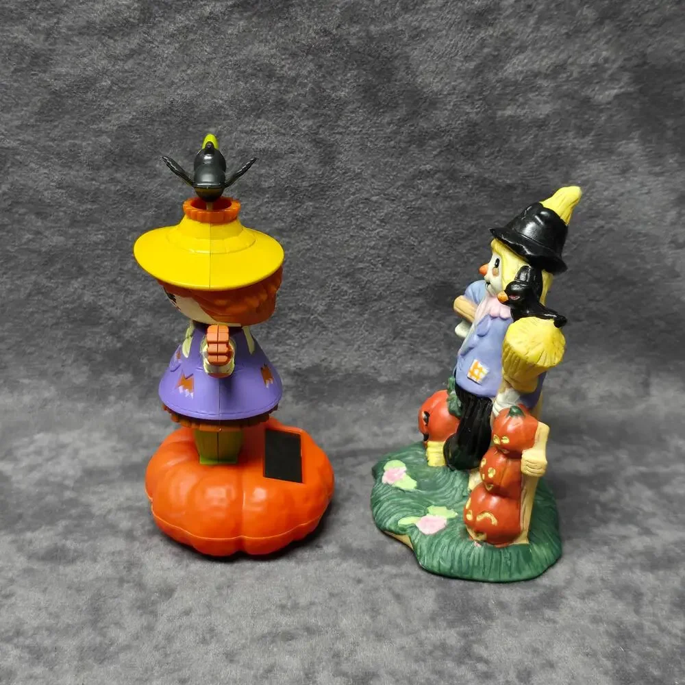 Solar Dancing Halloween Scarecrow Girl on Pumpkin & Crow Pumpkin Figurine Decor